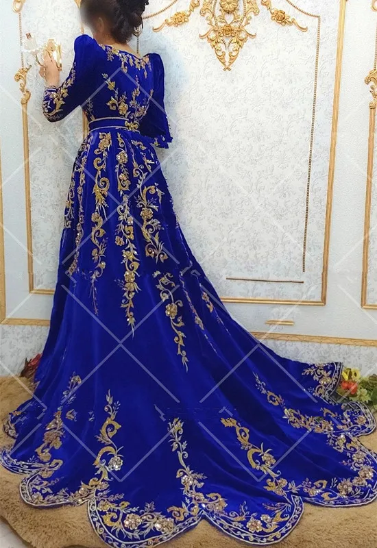 Royal Blue Long Sleeves Evening Dresses Moroccan Kaftan Formal Party prom Gowns Gold Lace Appliques Algerian Outfits Karakou