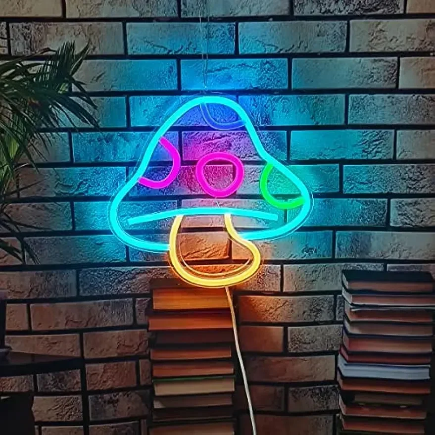Mushroom Neon Sign Colorful LED Wall Art Cute Smiley Face Glow USB Powered Dimmable Acrylic Lamp Kids Room Party Decor