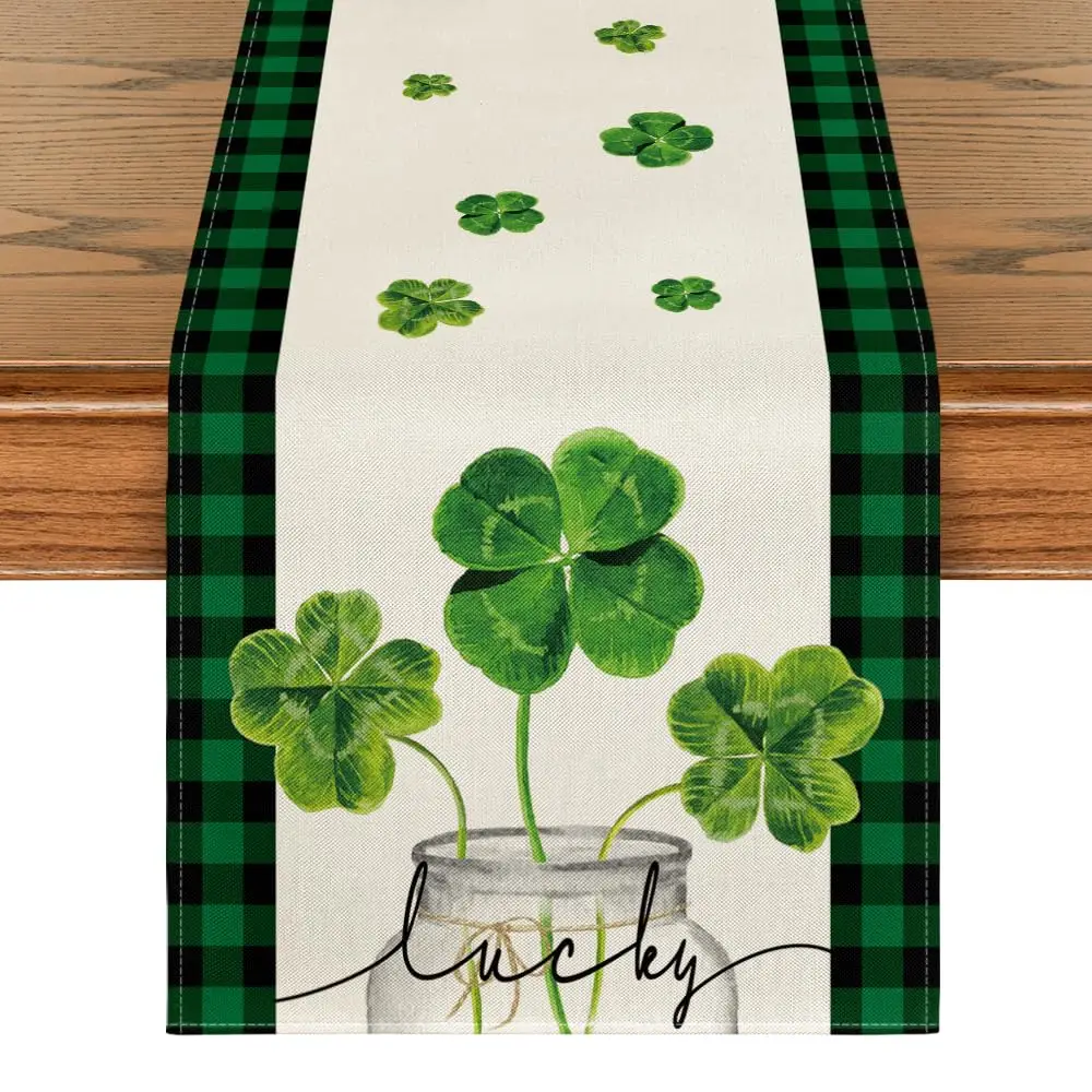 Lucky Shamrock Vase Table Runner,St Patrick's Day,Table Runner,Black Buffalo Plaid,Holiday Kitchen Dining Table Decor,13x72 Inch