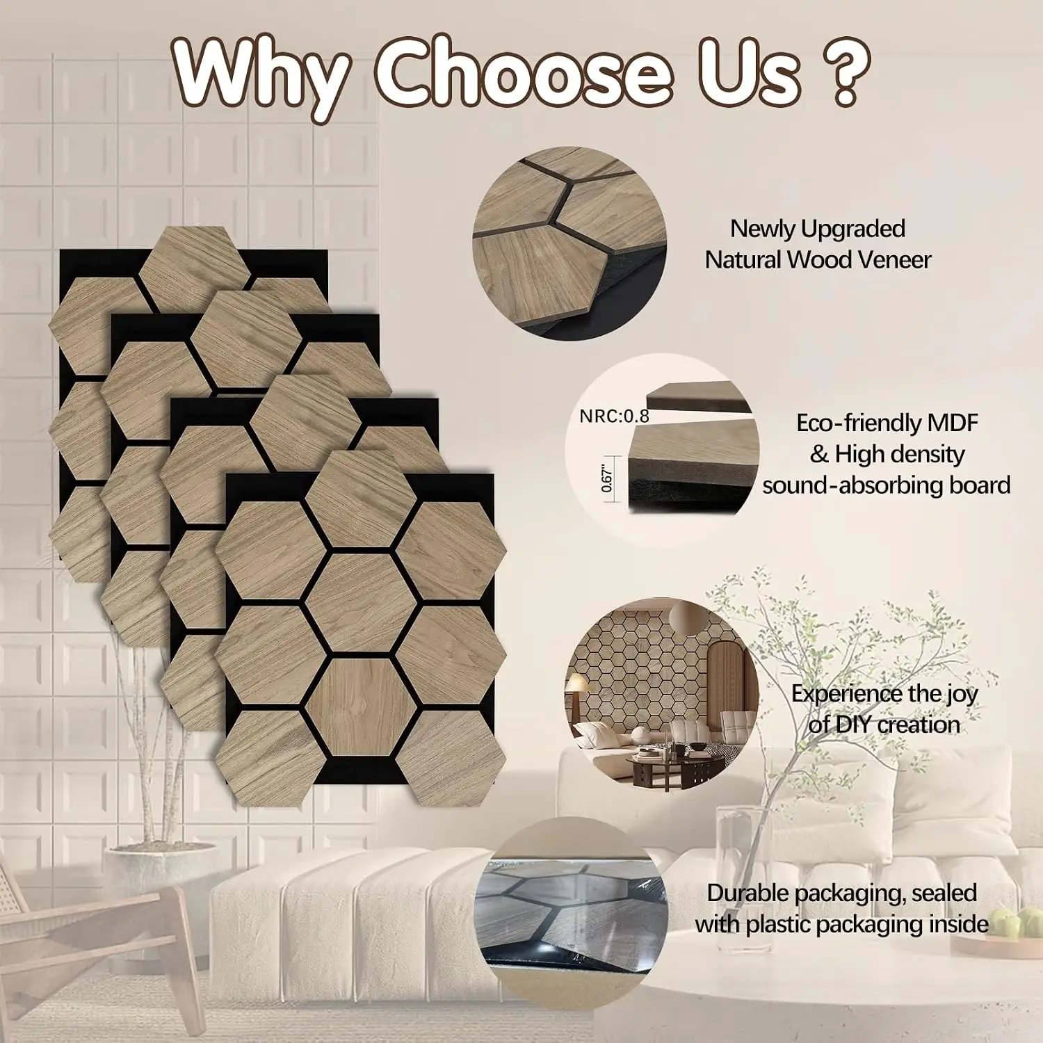 4 Paneles Acústicos Hexagonales de Madera - Chapa de Nogal Natural, 23.8"x29" Cada Uno