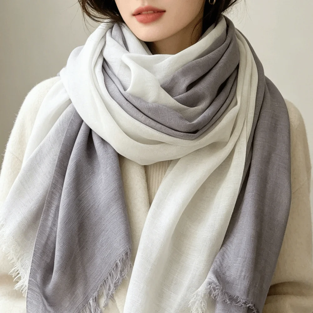 Color Matching Thin Fabric Cotton Scarf Soft Texture Elegant Long Shawl Vintage Lightweight Short Tassel Scarf Autumn Winter