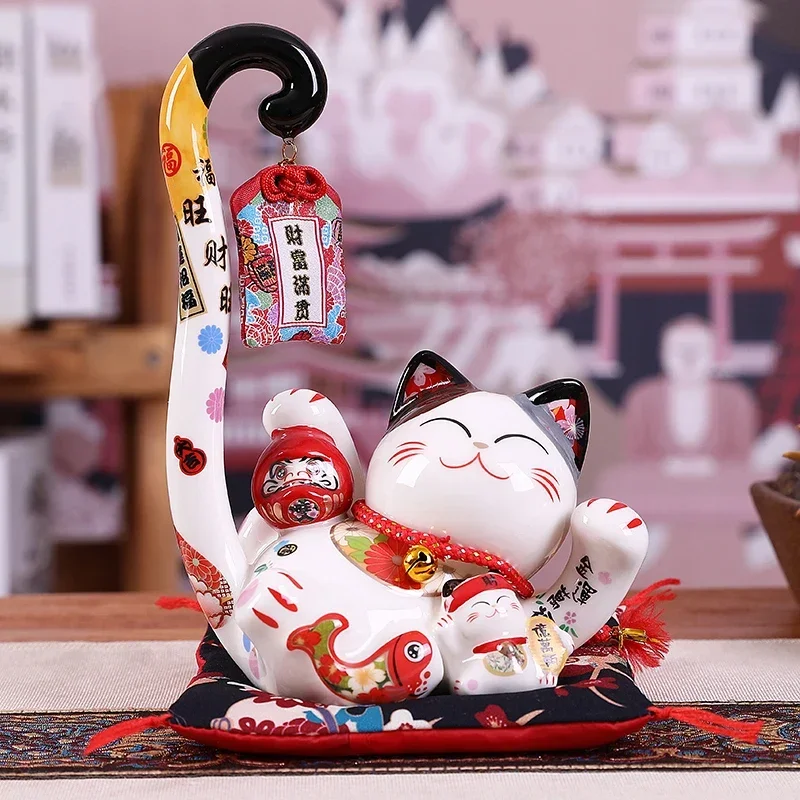 8.6 inch Ceramic Maneki Neko Lucky Cat Money Box Coin Bank Japanese Long Tail Fortune Cat Feng Shui Home Decoration Wedding Gift