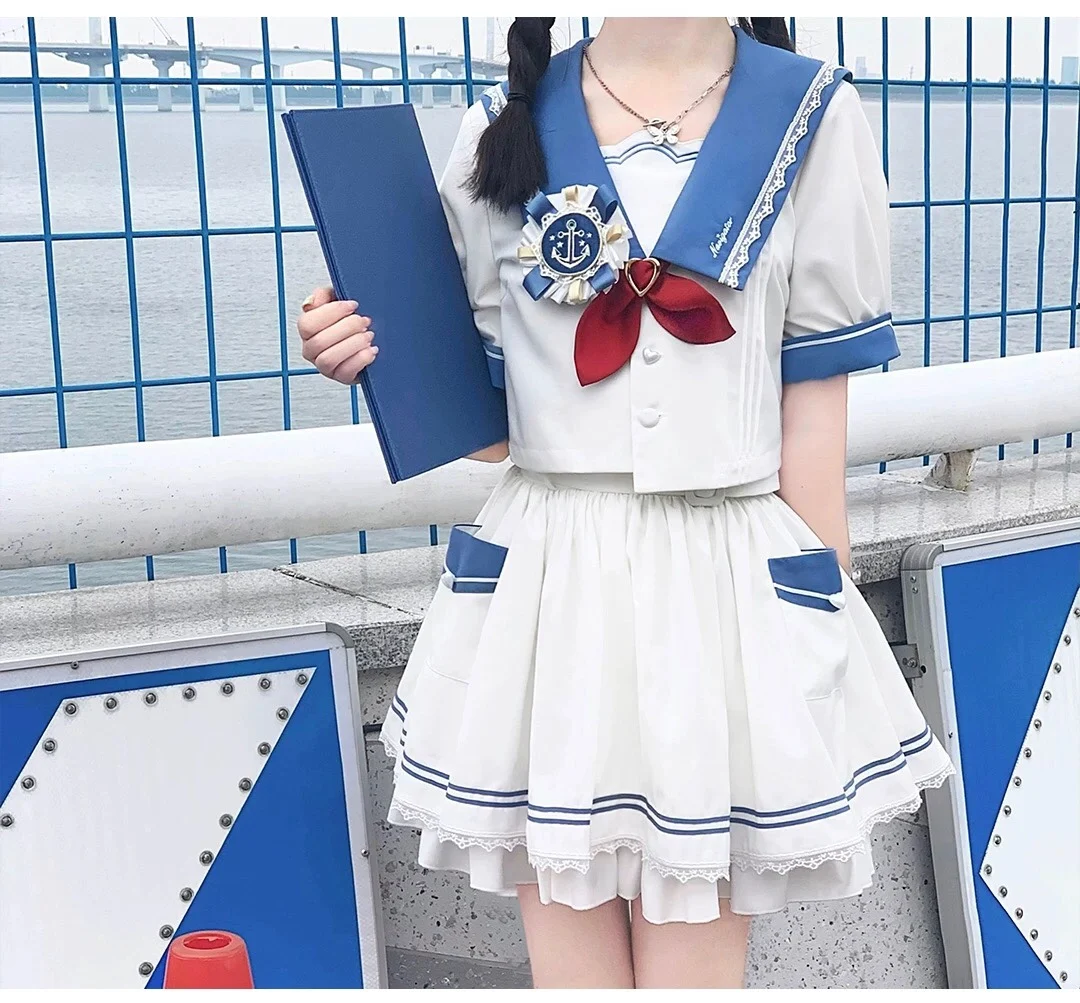 Summer Naval Preppy Style Oufits Sweet Cute Girl JK Suit Uniform Short Sleeve Top and Skirt Set Fashion Two Piece Set