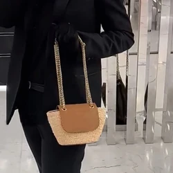 Straw Woven Bag Patchwork Genuine Leather Luxury Old Bucket Bag Ladies 2024 New Chain Design Holiday Mini Crossbody Shoulder Bag