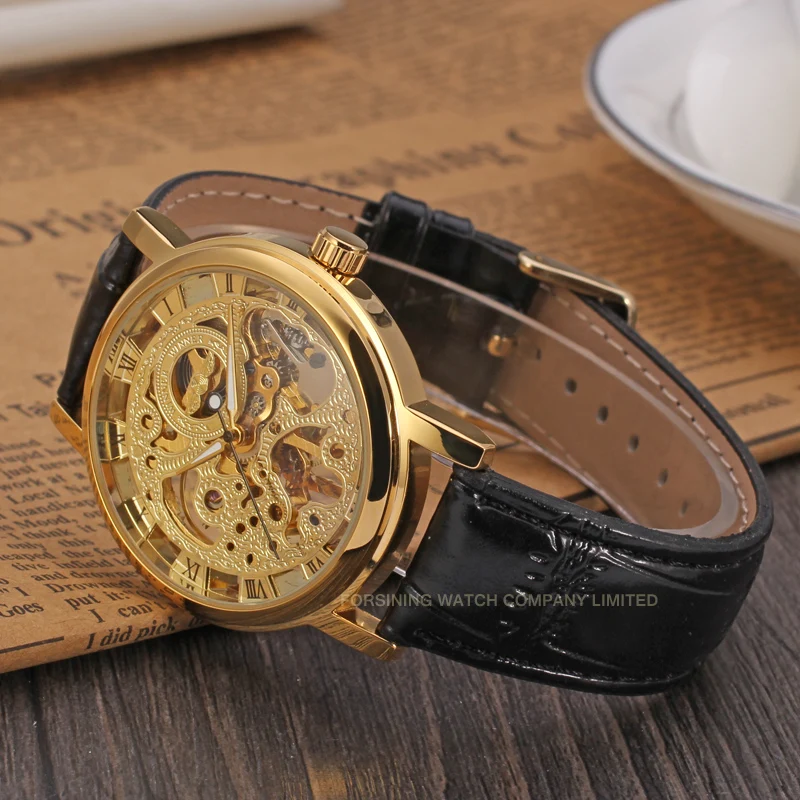 Luxury Brand New Style Golden Skeleton Watches Men Black Leather Strap Mechanical Hand Wind Wristwatches Nice Gift