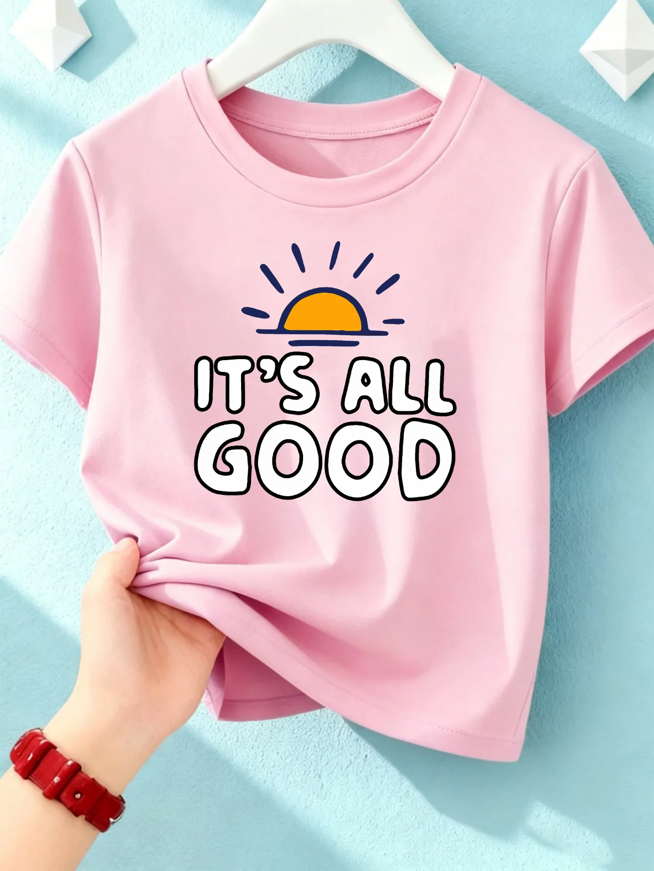 Sun Slogan It's All Good Print Boys Girls Short Sleeve Tee Parent Match Soft Cotton Kids Positive Daily Casual Fashion T Shirts