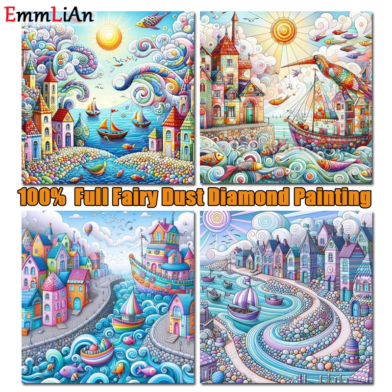 Landscape Sailboat Full Fairy Dust Drill Diamond Painting Seaside Town 5D DIY Crystal Mosaic Cross Stitch Embroidery Home Decor