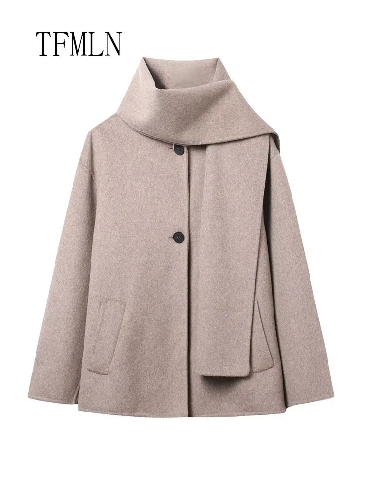 TFMLN 2025 Jesień Zima Damski Płaszcz z Szalowym Kołnierzem Oversize Vintage Długi Rękaw Casualowa Kurtka Jednorzędowa Odzież Wierzchnia w Stylu High Street