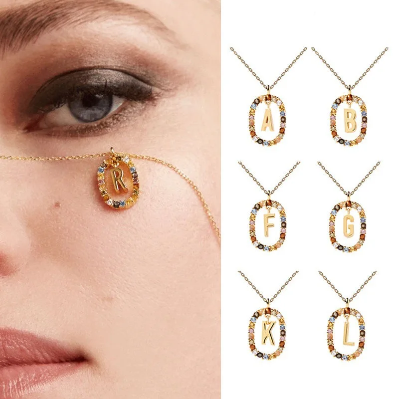 

New 925 Sterling Silver Gold Letters A - Z Initial Necklace Zirconia Letter Pendant Long Chain Say My Name Fine Jewelry