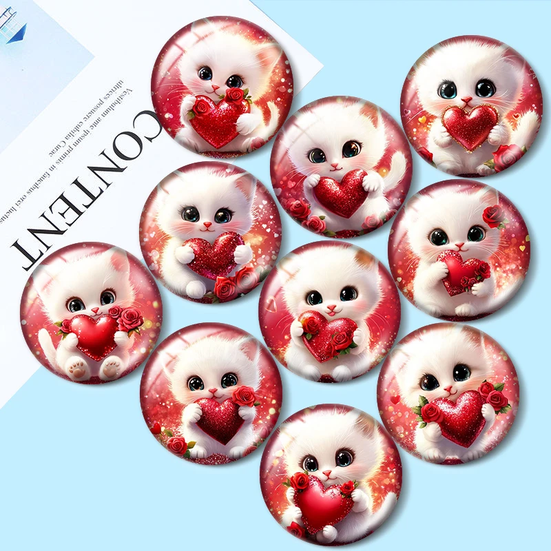 

Valentine's Day heart-shaped cat 12mm/18mm/20mm/25mm Round Photo glass cabochon demo flat back Making findings