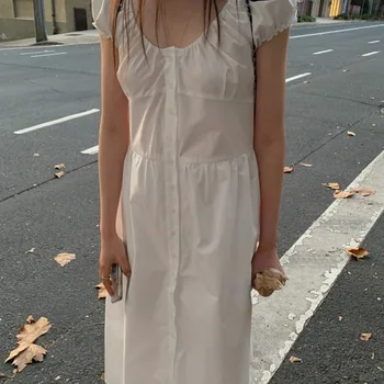 세련된 한국 스타일 여름 드레스 여성 캐주얼 싱글 브레스트 슬리밍 퍼프 슬리브 하이 웨이스트 롱 스커트 브랜드 등록 없음 