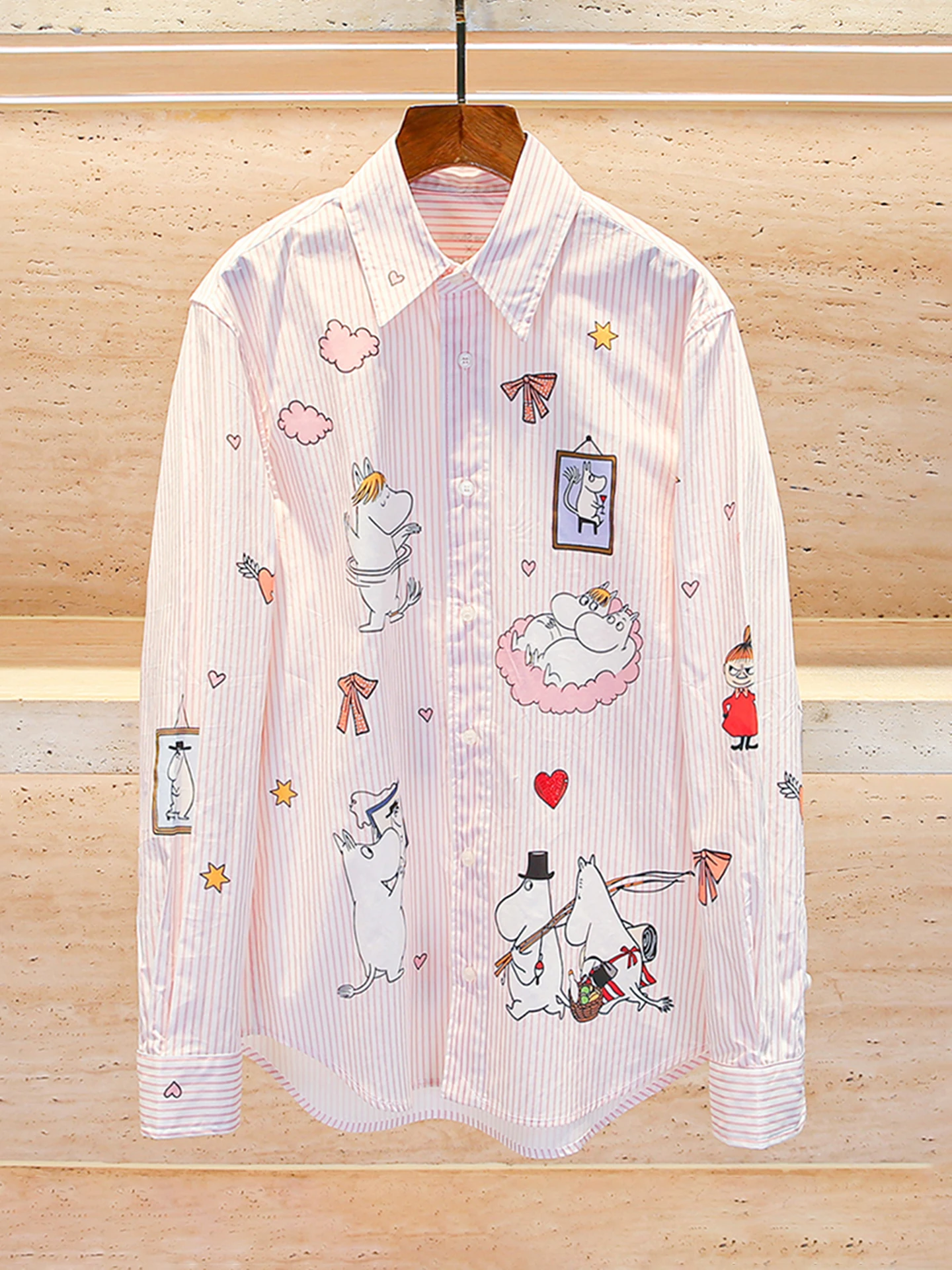 Doux rose rayé dessin animé imprimé femmes irt décontracté trajet Sle coupe ample longue Sve boutonné irt pour l'automne