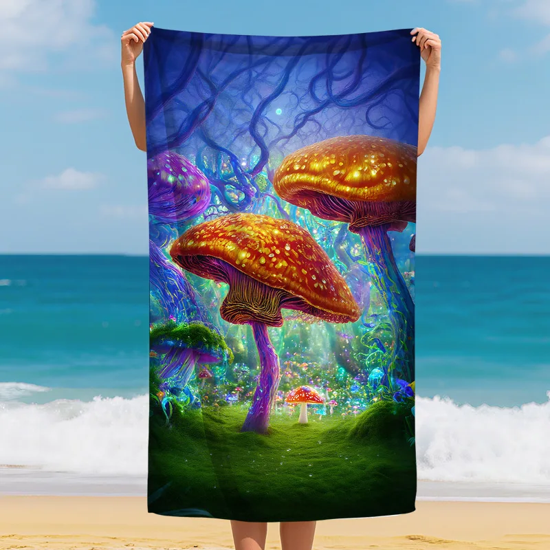 Glowing Galaxy Mushroom Print Beach Towel Microfiber Quick Dry Fantasy Outdoor Swimming Towel