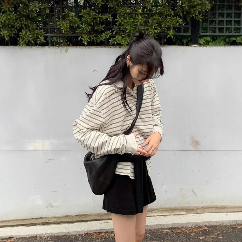 Monoha H25 Spring Loose Fit Striped Long Sve  T-irt Women's Base irt Dongdaemun Organic Cotton Korean Sle