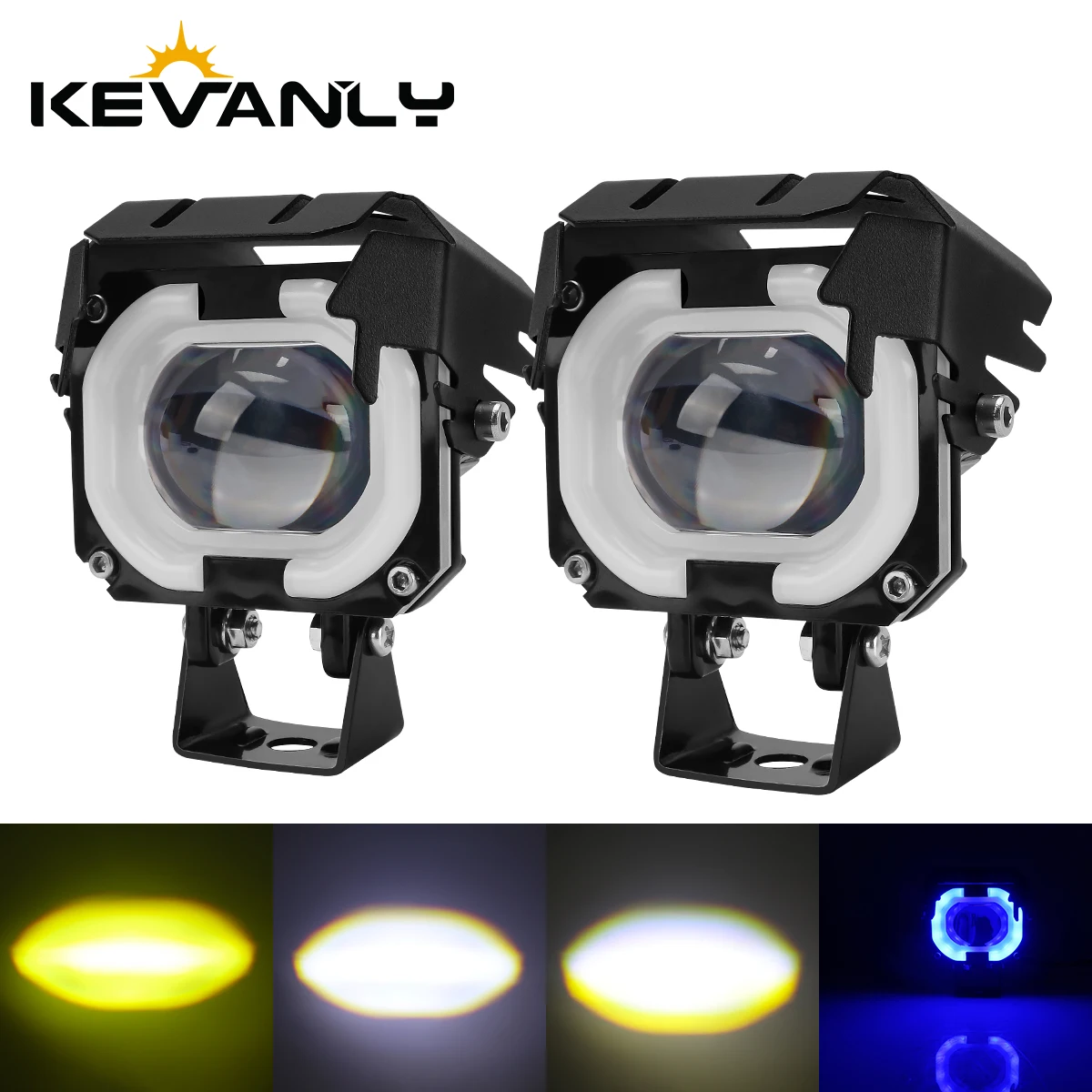 1Pair Universal 12V Motorcycle Driving LED Spotlight Dual Color High/Low Beam Moto Headlamp With Dust Guard Angel Eyes LED Light