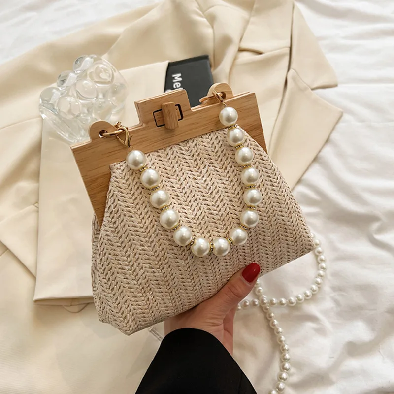 Grass Woven Bag for Women purses and handbags luxury 2023 New Wood Clip Fashion Pearl Chain Handheld One Shoulder Crossbody cute