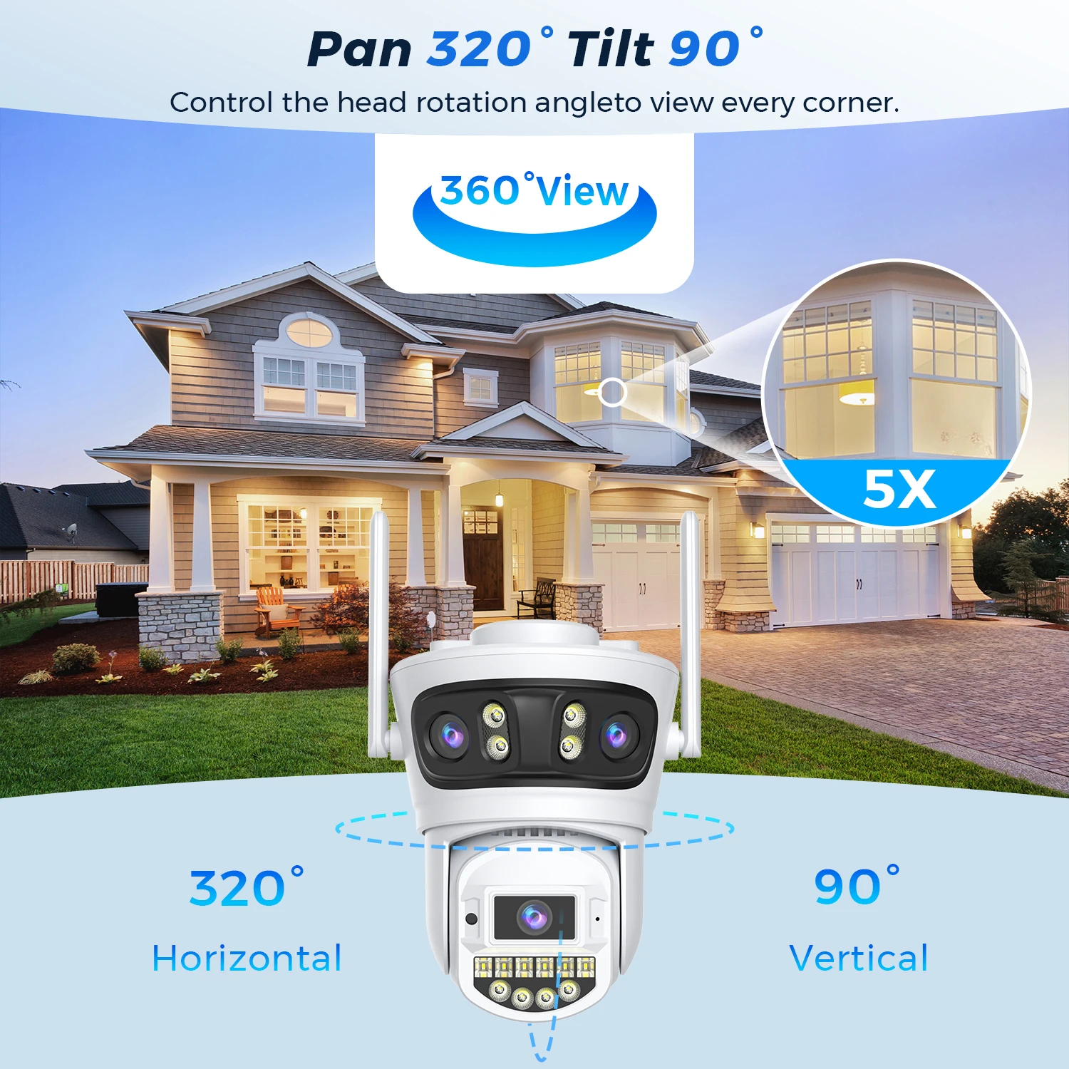 15MP PTZ IP Camera Outdoor Wifi Surveillance Camera 5X Digital Zoom Three Screens Security Camera 180° Oversized Viewing Angle