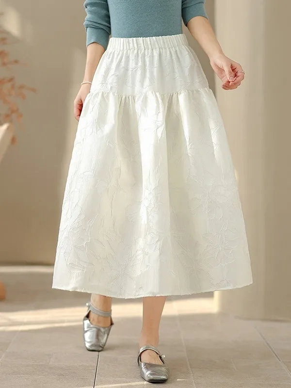 กระโปรงทรงเอพองเอวสูงลายดอกไม้สไตล์ศิลปะลำลองอเนกประสงค์สำหรับผู้หญิงไซส์ใหญ่ ฤดูใบไม้ผลิ 2026