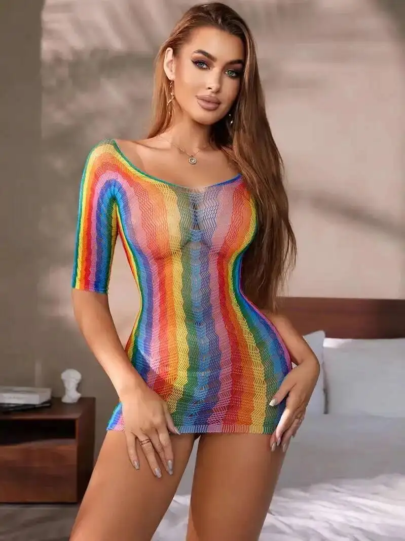 2024 Nuovo Arcobaleno Sexy Caldo Sottile Vestito Della Maglia Elegante O Collo T Shirt Mini Vestito 2025 di Nuovo Modo Della Maglia Del Merletto Sheer Coreano I5UD