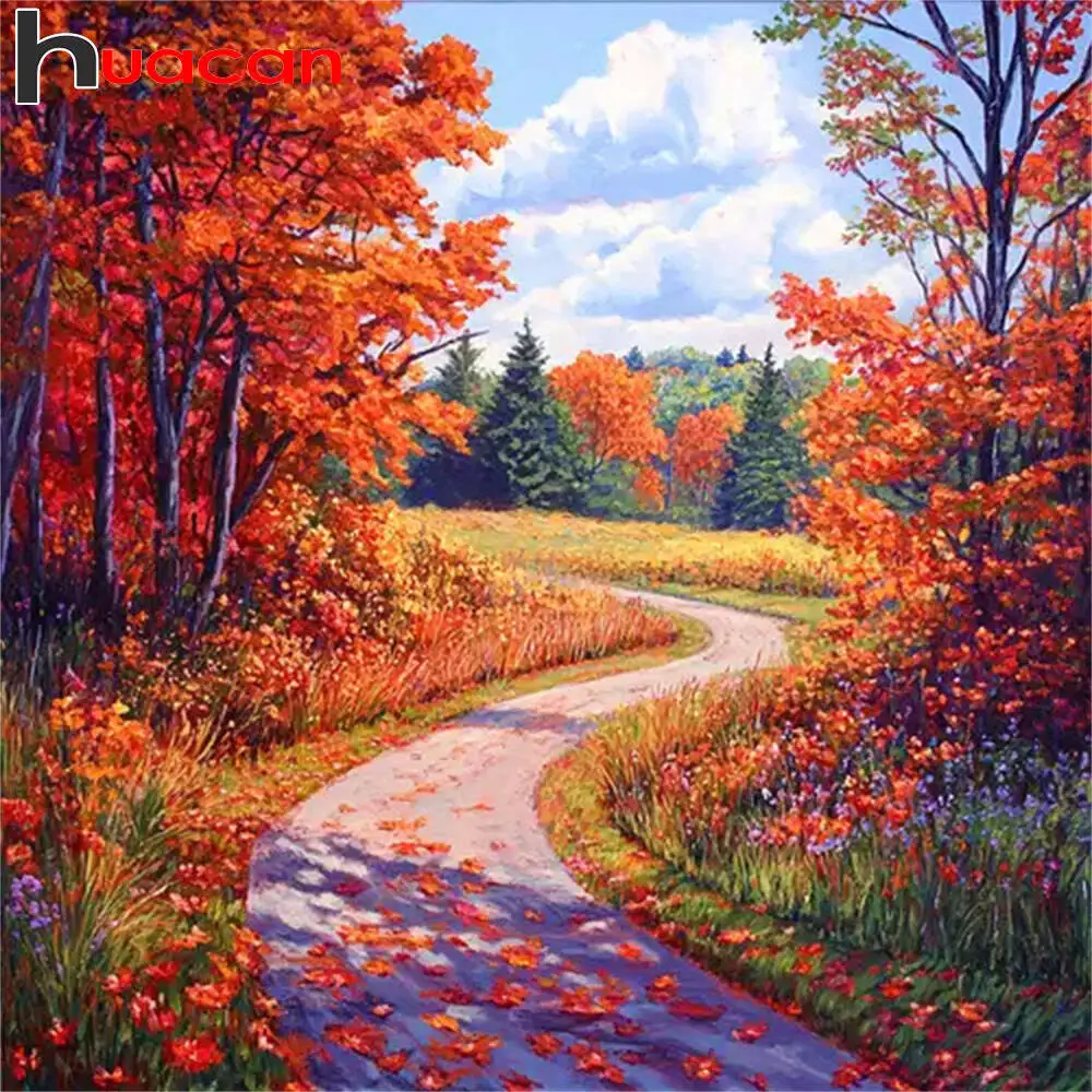 Huacan outono cenário pintura diamante maple grove country road 5d diy quadrado completo redondo diamante mosaico arte decoração da parede