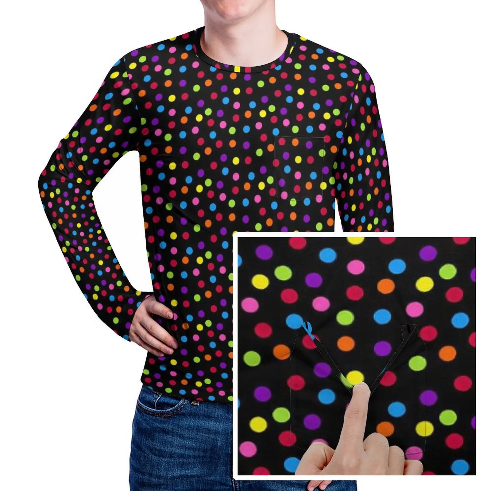 Colorful Polka Dots T-Shirt With Pocket Rainbow Dot Print Cool T Shirts Mens Casual Tee Shirt Long Sleeve Custom Top Tees