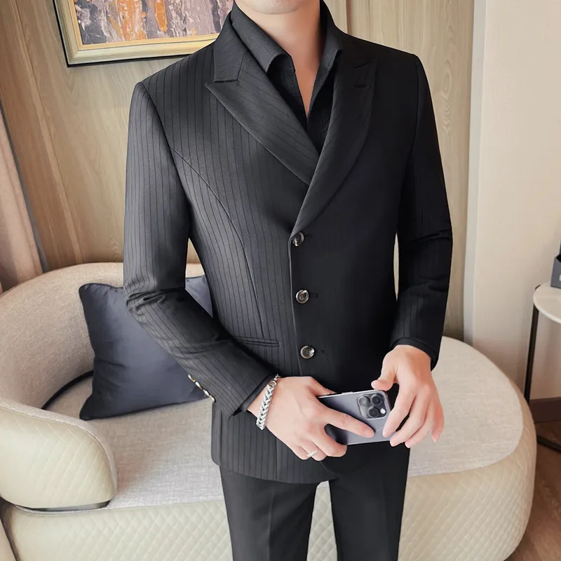 M-XXXXL حجم كبير للرجال سترة مخططة واحدة الصدر 3 أزرار للرجال مع فتحة مركزية بدلة عمل رسمية معاطف السترة 4XL