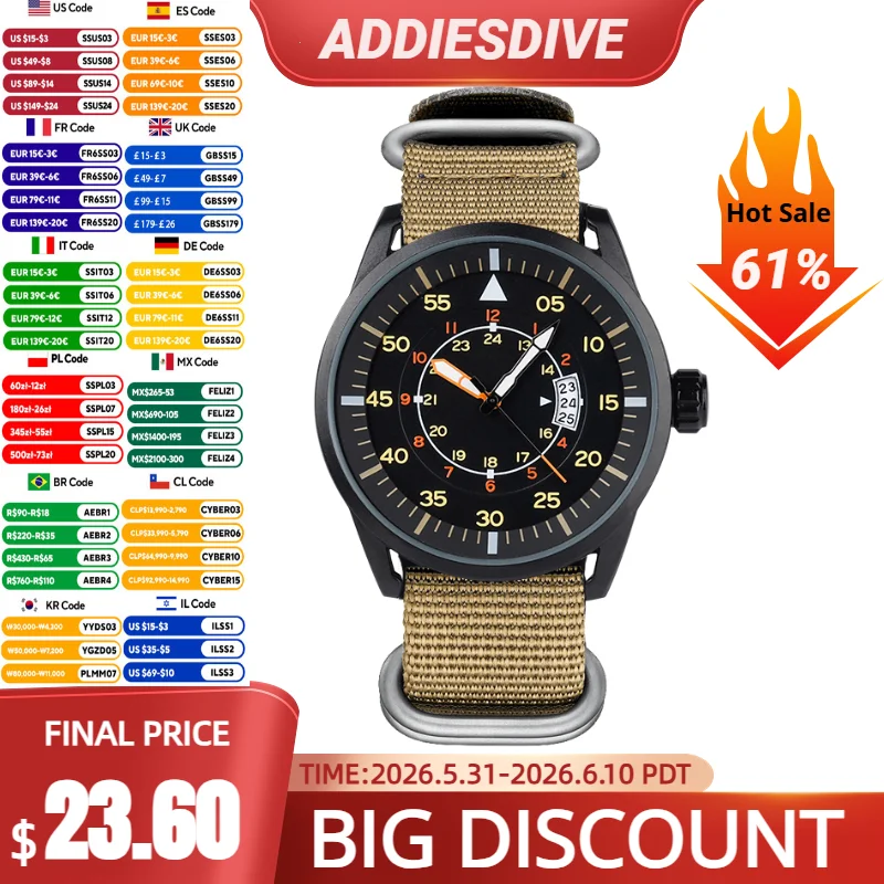 

ADDIESDIVE New Quartz Watches For Men 44mm Round Large Dial Nylon Strap Date 50m Waterproof Analog Watch JD1508 Orologi Uomo