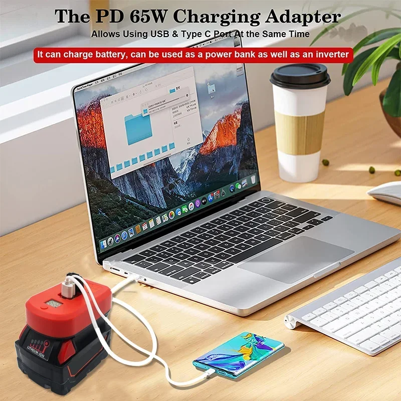 65W Lithium Battery Fast Charger Adapter Converter For Makita For Bosch For DeWalt For Milwaukee 18V 20V Type C USB Power Bank