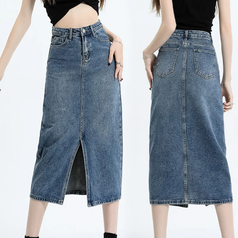 

High Waisted Denim Jeans Fashion Women New Style Mid Long Style Hip Hugging A-line Split Denim Skirt For Women High Quality