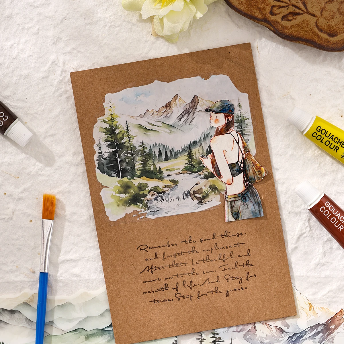 4 ロール/ボックス スクラップブッキング、雑誌用の風景テーマのステッカーロール、ギフトボックスの装飾、ファッションギフト用のフレーズステッカー