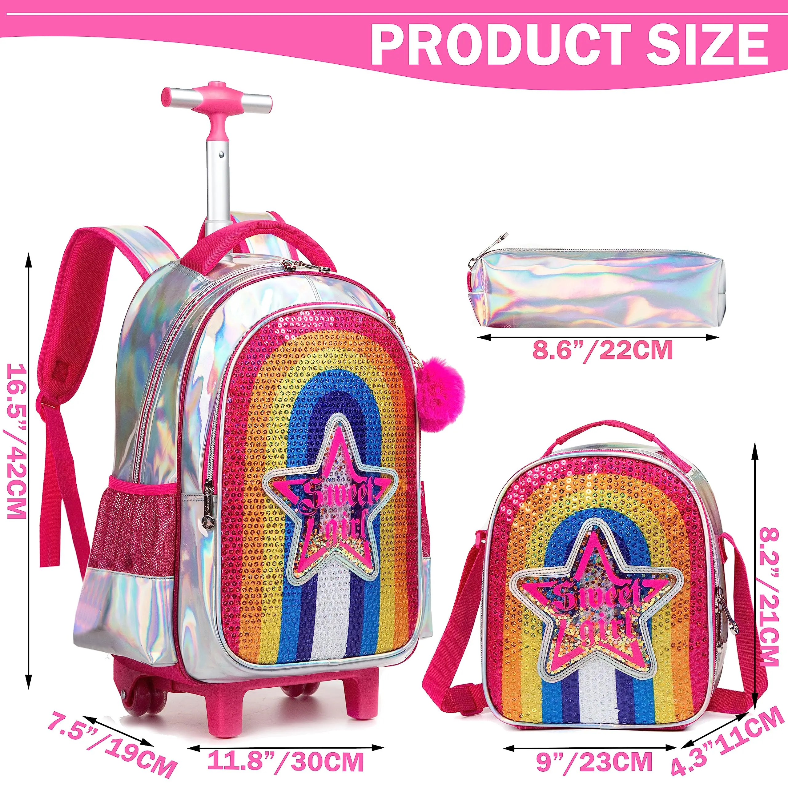 BIKAB Rolling Backpack Sequin Rolling Backpacks with Wheels for Girls Kindergarten Student Kids Travel Suitcase Luggage