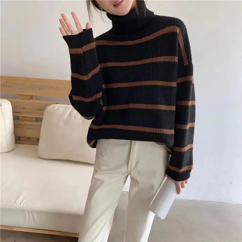 Imagem -05 - Camisola Feminina Gola Alta de Malha Casual Solto Branco Cinza Brownstriped Camisola Pull Femme Outono Primavera Jumper 2023