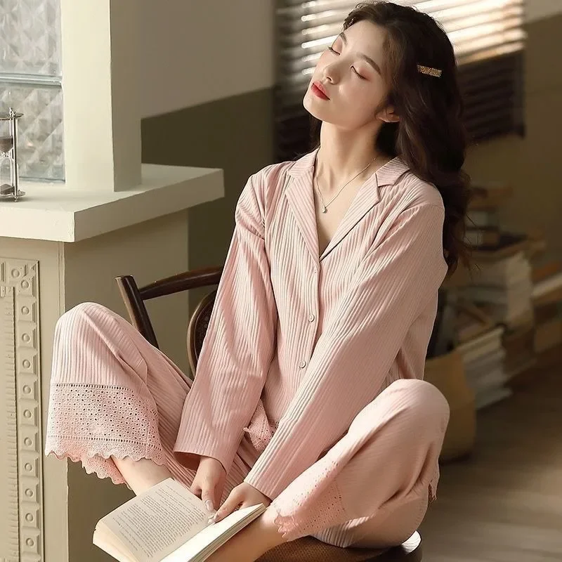 Korean Version Extra Large Loose Leisure All Cotton Housewear Set Pajama Cotton Pajamas Female Spring and Autumn Long Sleeve