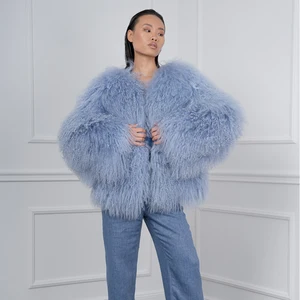 Natural Widder -Hautmantel, mongoler Lamm ohne Kragen, kurze Winterkleidung, hellblau, Trend 8 Hauptverkäufe Frauen hellblauer Mantel - №4