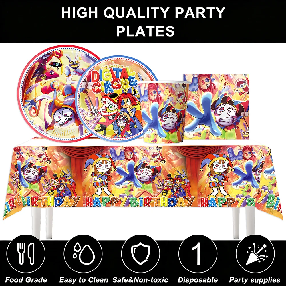 The Amazing Digital Circus Disposable Party Tableware Set Paper Plates Cups Napkins Cartoon Game Birthday Decorations Supplies