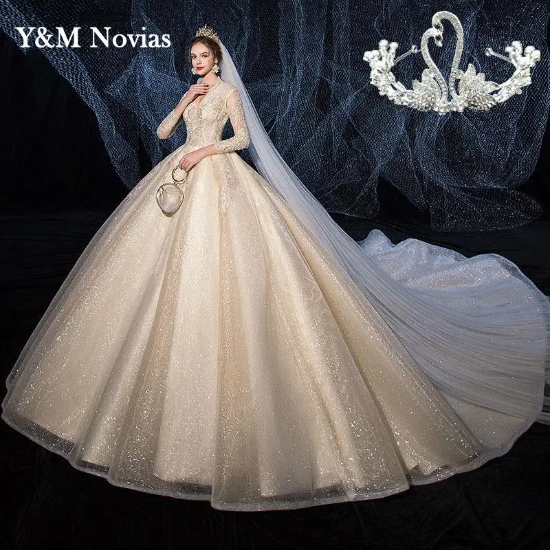 Shinny Deep V Neck Lace Champagne Wedding Dress Ball Gown Bridal Long Train Full Sleeve Women Beading Wedding Bouquet Gown