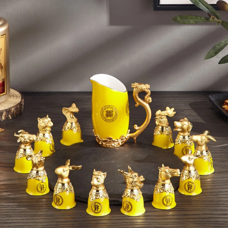 

Chinese zodiac Baijiu cup wine dispenser set, domestic Chinese ceramic wine set, 12 small wine glasses, bullet, one cup