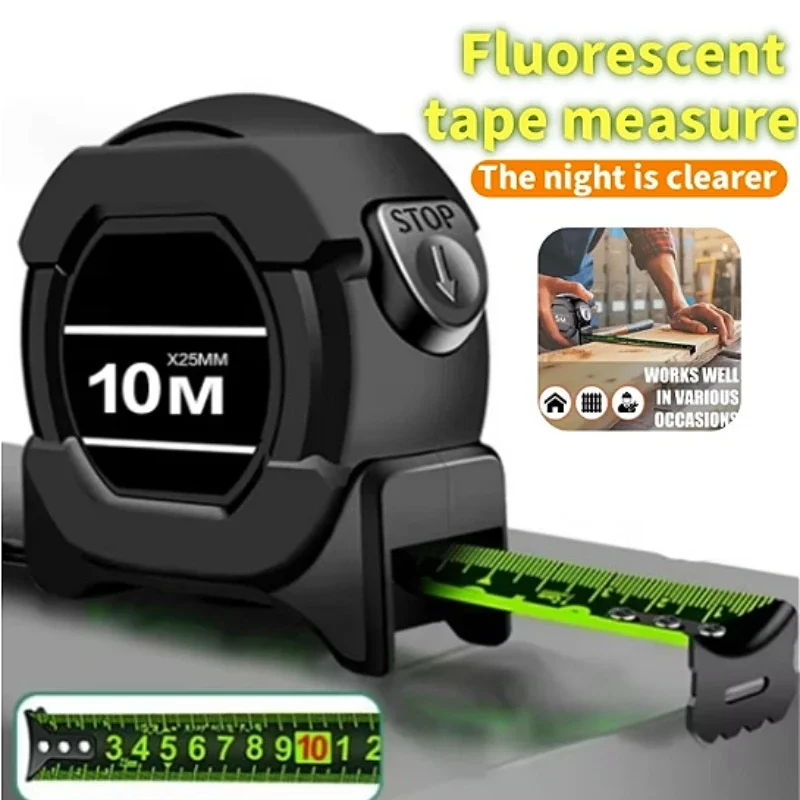 شريط قياس من الفولاذ الكربوني عالي الدقة بطول 10 أمتار، شريط فلورسنت ذاتي القفل، خيار مقاوم للاهتراء مع قفل تلقائي #4