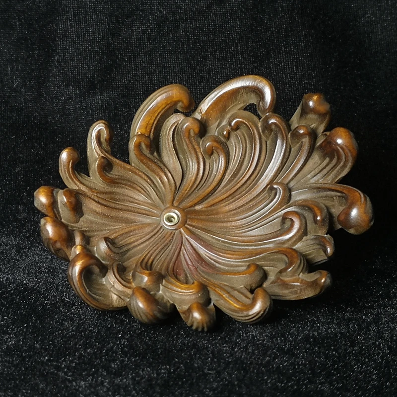

CULTUER ART L 9 CM Chinese boxwood hand carved Chrysanthemum flower Incense stand decoration