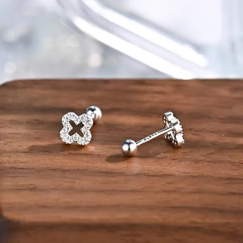 925 Silver Needle Zircon Geometric Bead Screw Mini Stud Earrings For Women Classic Fine Jewelry Light Luxury Accessories