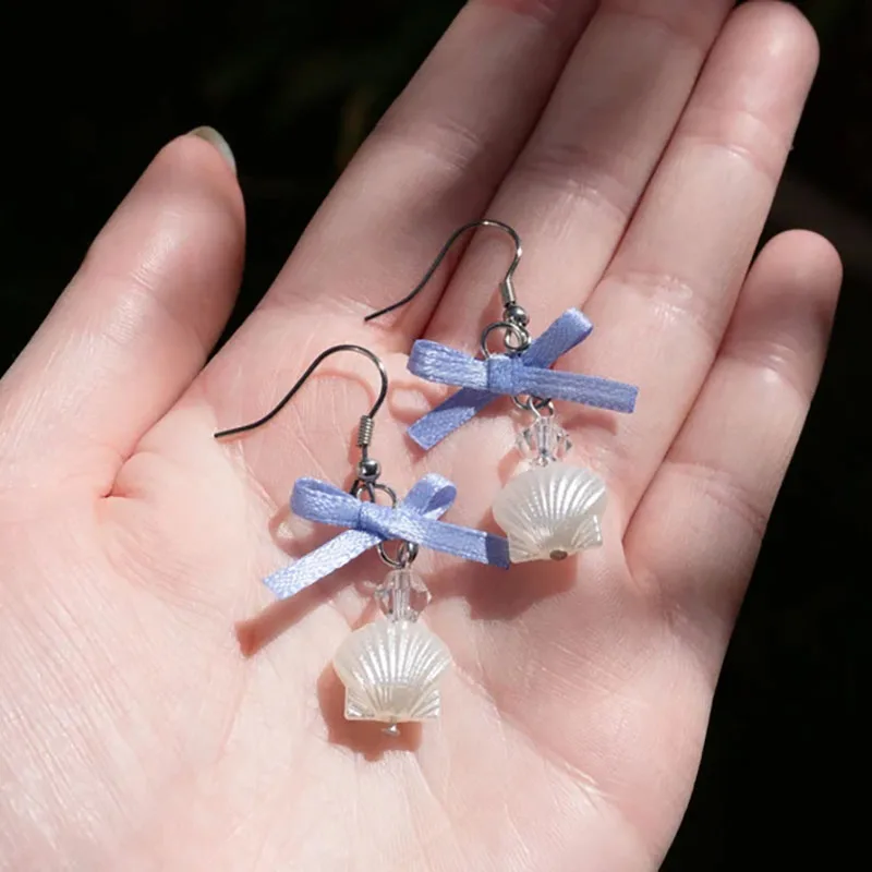 seaside chic ribbon bow shell earrings handmade Y2k