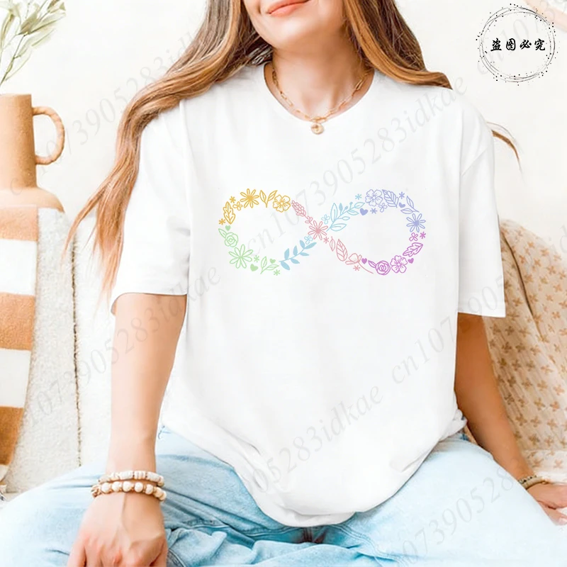 Unique Floral Infinity Graphic T-Shirt, Minimalist Inclusive Design Tees, Women's Casual Wear Tops, Neurodiversity Support Shirt