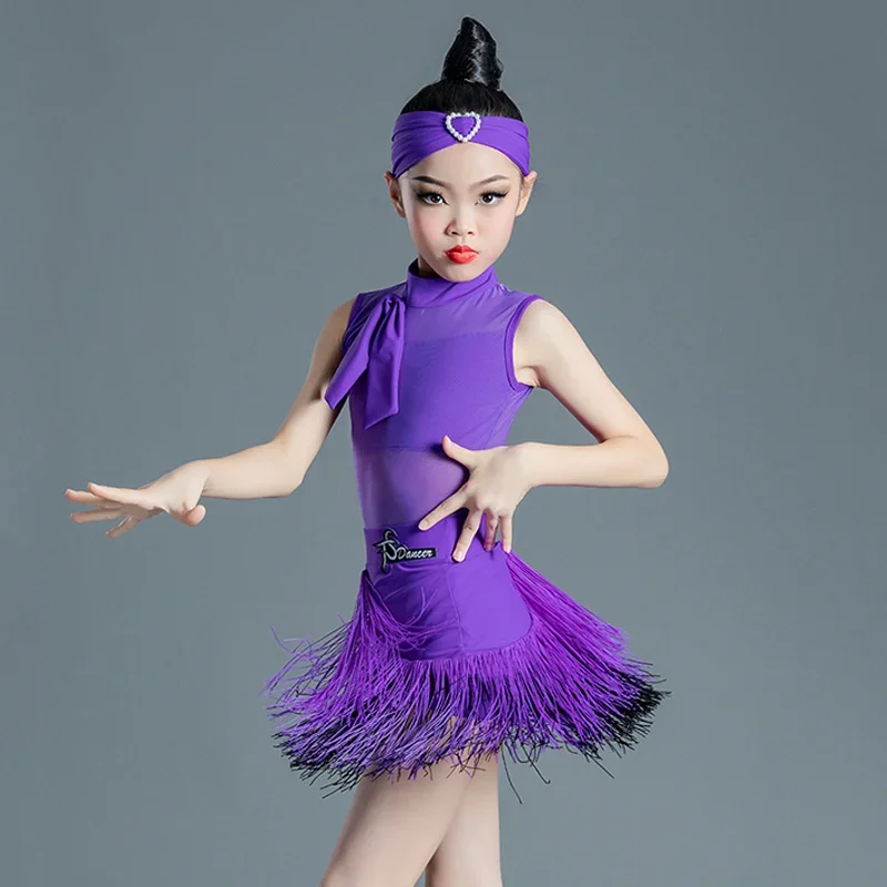 Costume de brevCha pour Fille, Robe à Franges Rhodo/Violet, pour Compétition Latine, Samba, Tenue d'Entraînement