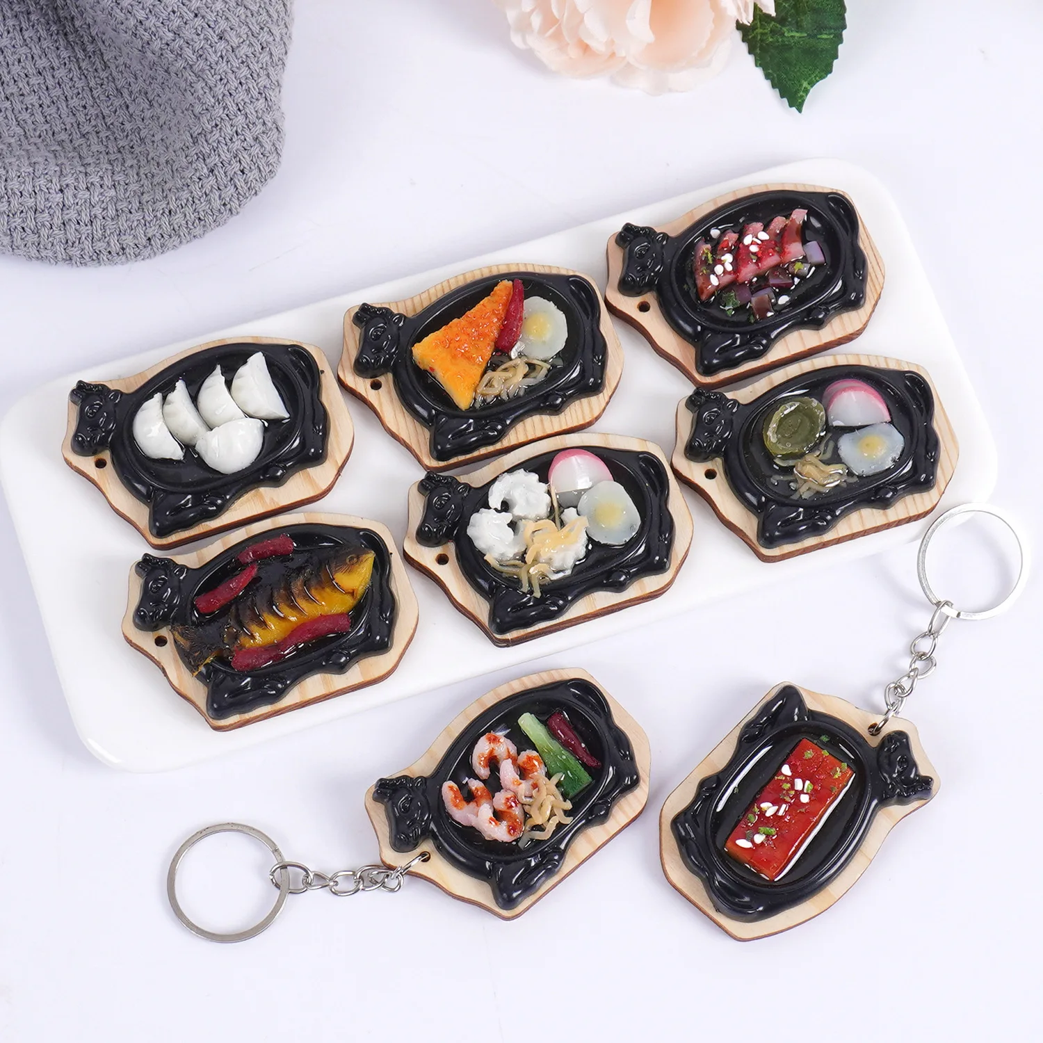 Chaveiro de comida simulada teppanyaki chaveiro criativo tepppan lula carro saco pingente jóias presente