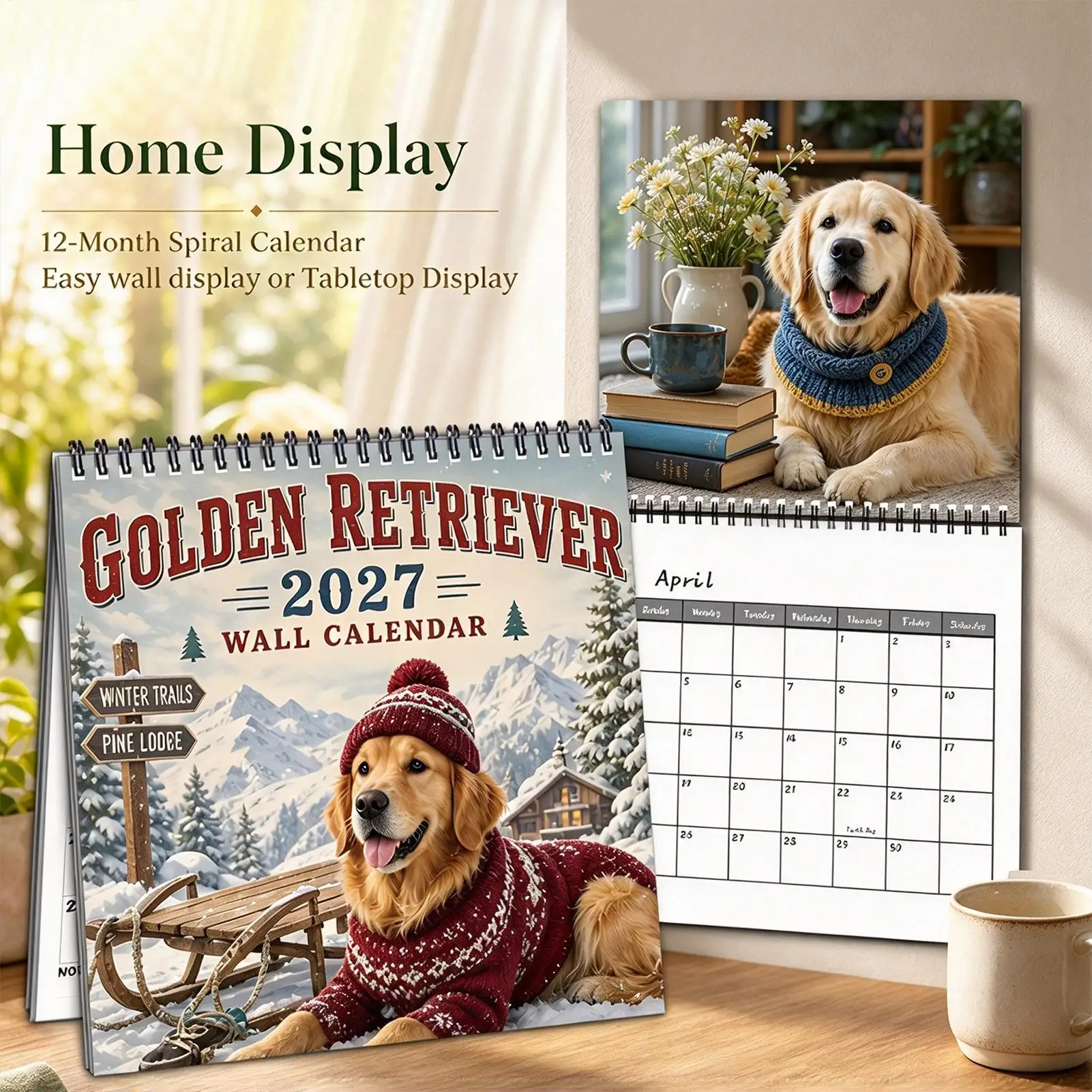 Dog Calendar Monthly Golden Retriever Spiral Bound Funny Planner Animal Wall Decor For Home Office School Living Room Study