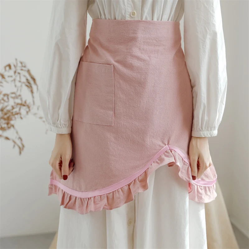 Apron Antifouling Cotton Lotus Leaf Lace Half Length Apron Household Kitchen Baking Floral Art Gardening Korean Style