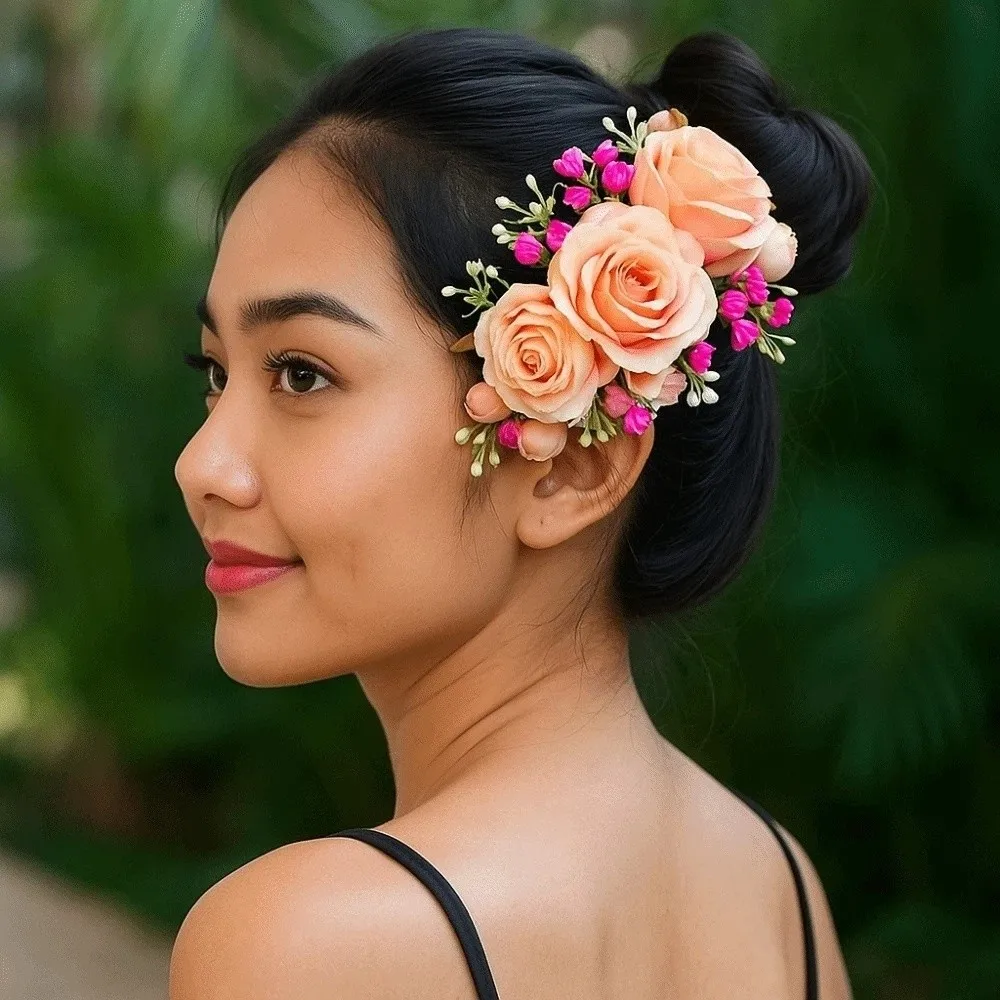 

Заколка для волос ручной работы в тайском стиле с цветами розы, цветочный гребень, тканевое украшение для прически, заколка-шиньон, для фестиваля, посвященного брызгам воды