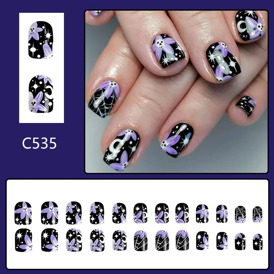 Uñas postizas de Halloween para mujeres y niñas, 24 piezas, brillantes, estrellas, Luna, telaraña, Cráneo de terror, negro