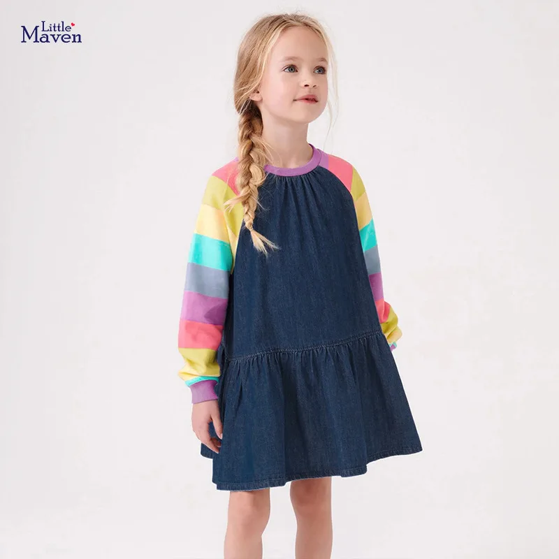 Childrens dress Autumn new Europe and the United States girls cowboy dress cotton rainbow long-sleeved dress clothes