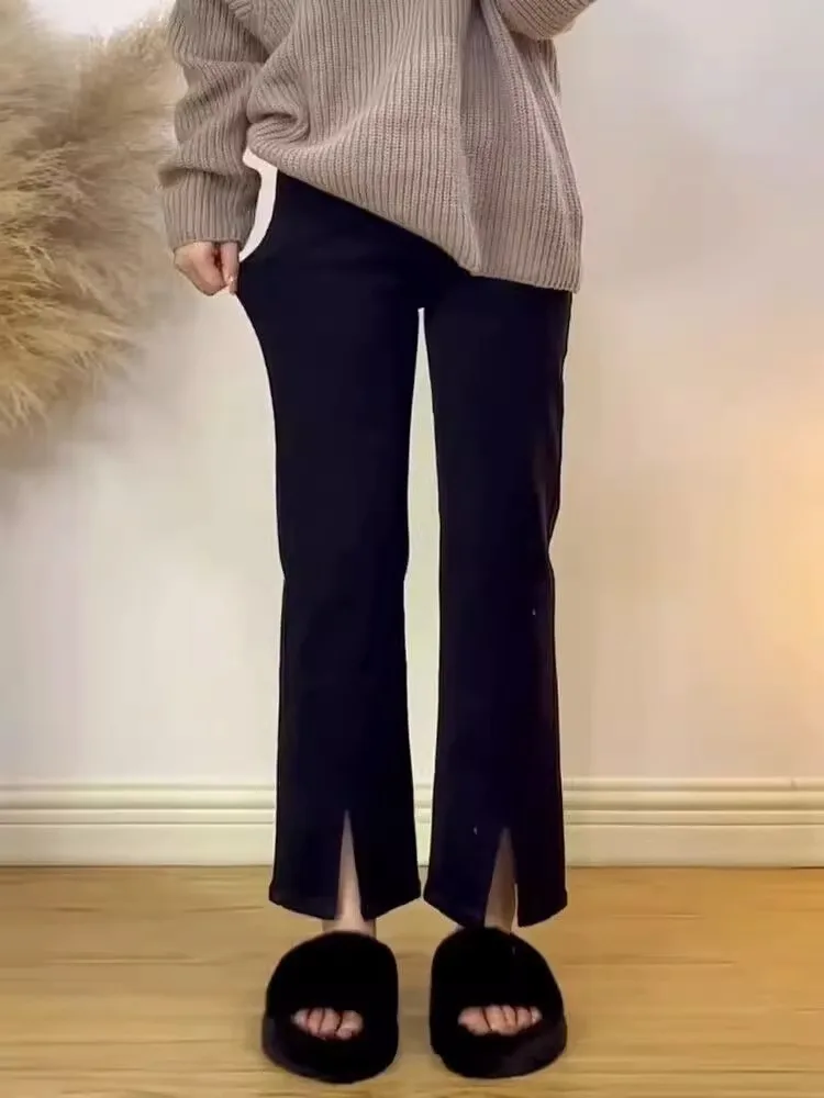 

High Waist Slit Slim Straight Jeans Women's Spring Autumn plus Size Pear Shape Small Figure Elastic Smoke Tube Pants